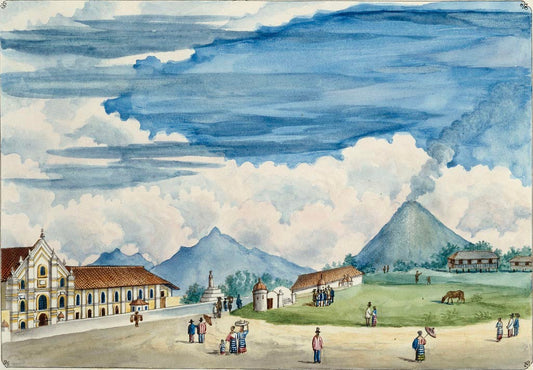 Vista del volcán de Albay y de la iglesia de Oas (1847) - Philippines vintage illustration