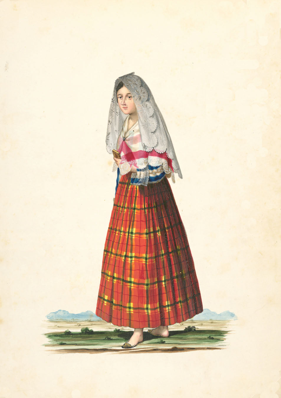 A Senorita walking to Church (1841) - Philippines vintage illustration