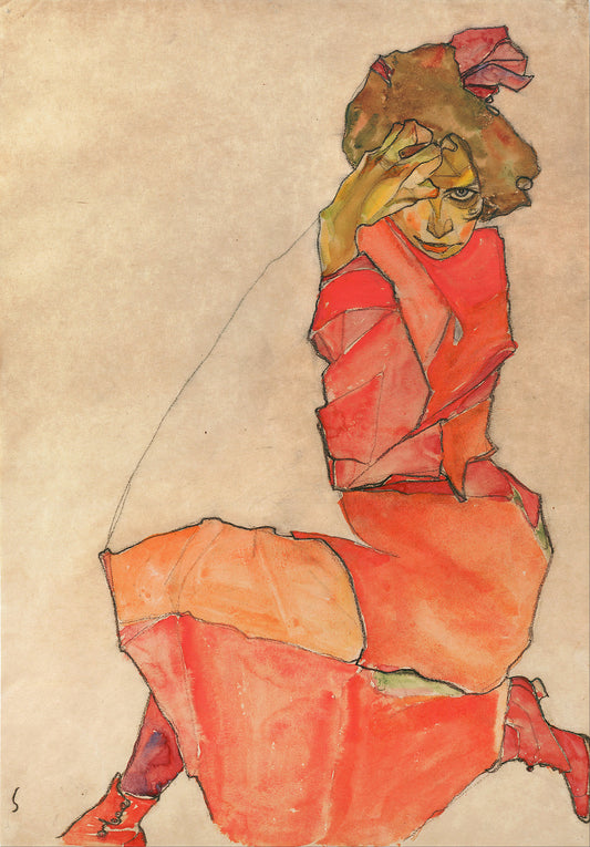 Kneeling Female in Orange-Red Dress (1910) - Egon Schiele