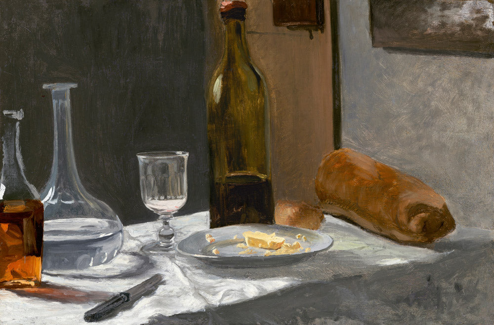 Still Life with Bottle, Carafe, Bread, and Wine (1862) - Claude Monet