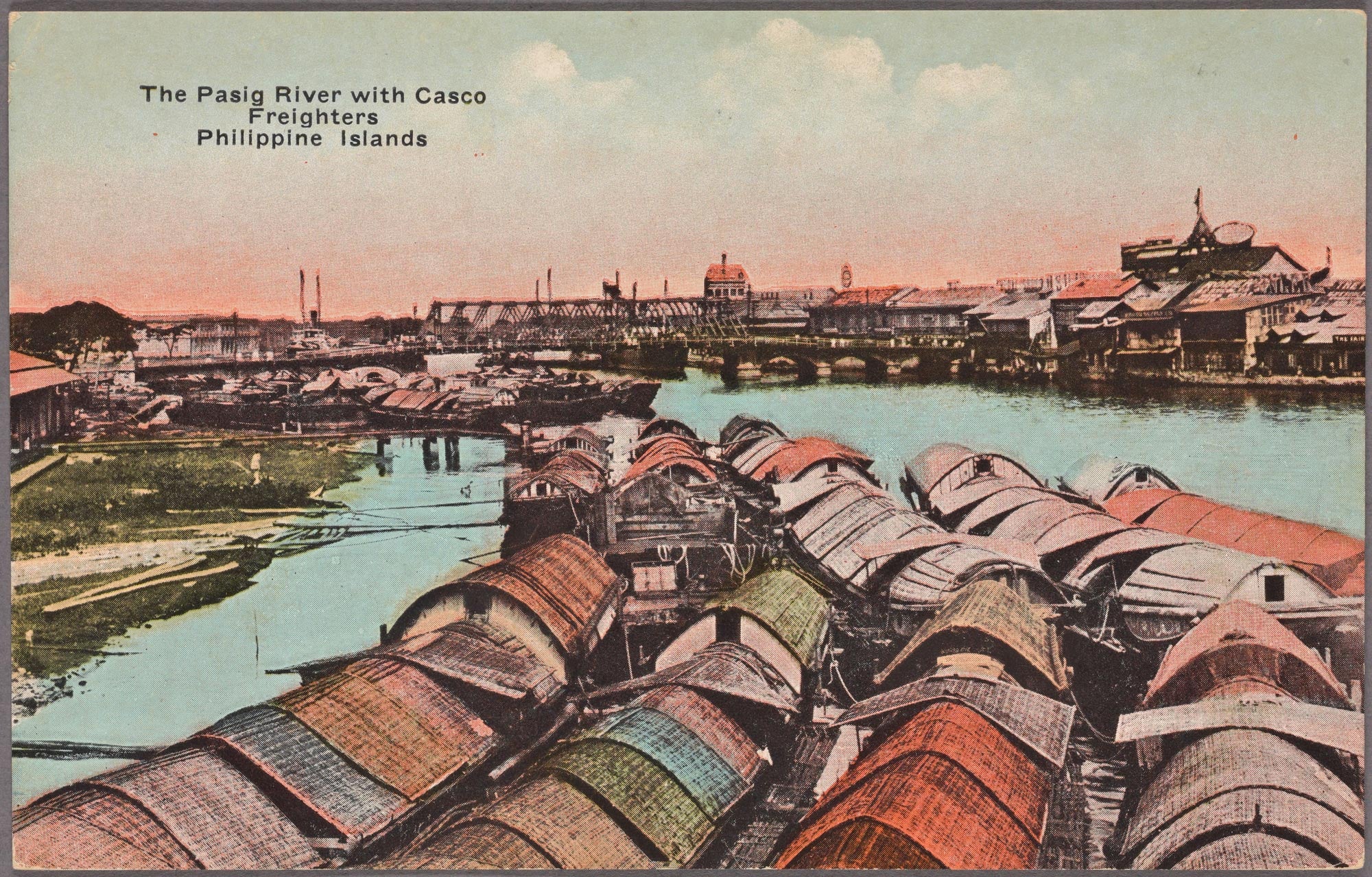 The Pasig River with casco freighters, c. 1910 by Denniston's, Manila, P.I.
