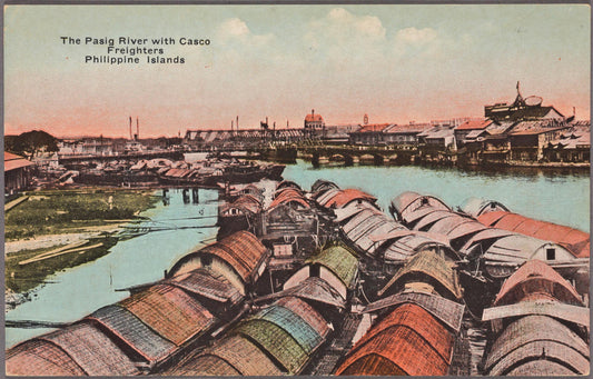 The Pasig River with casco freighters - Philippines vintage postcard