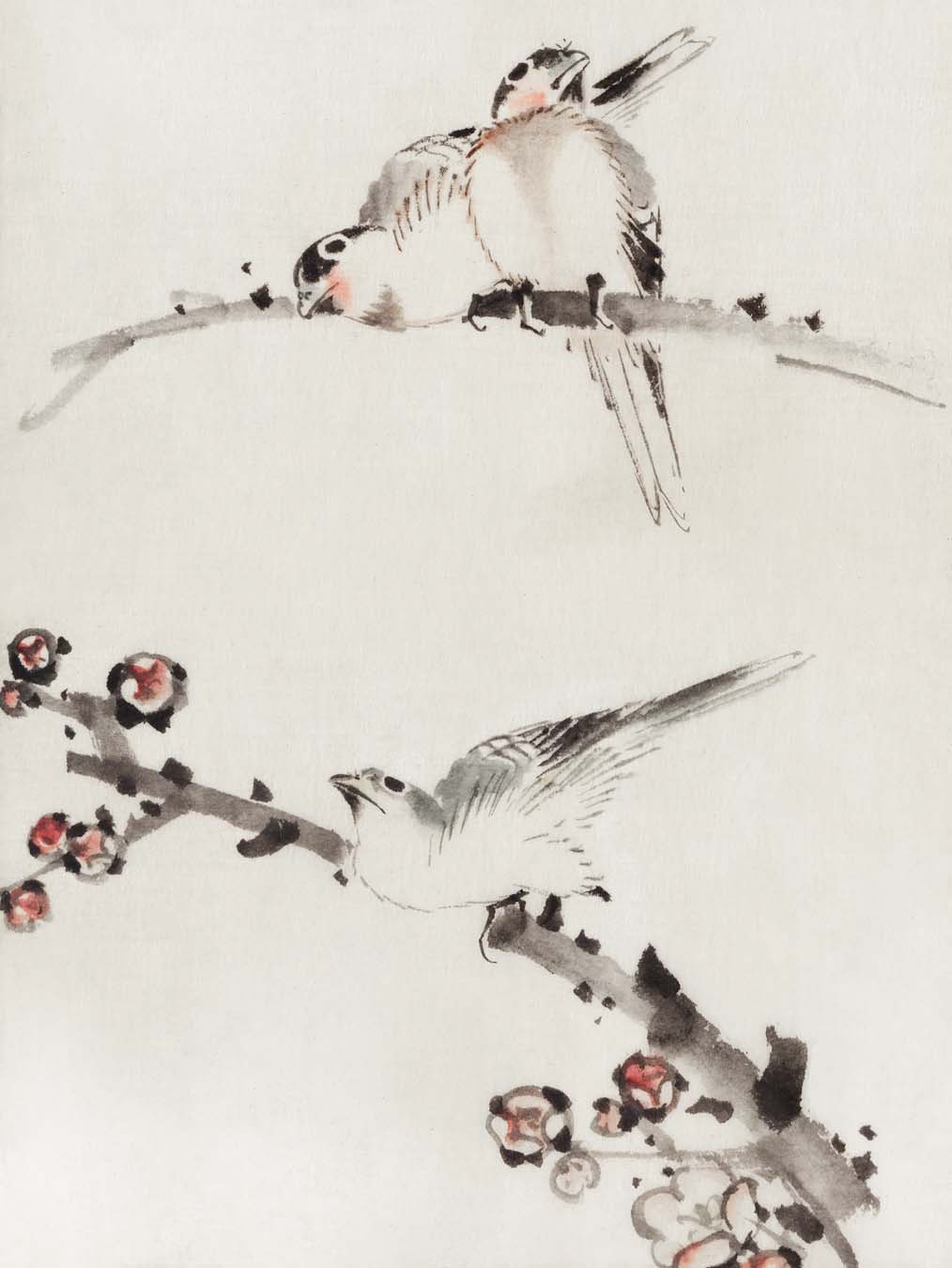 Three Birds Perched on Branches - Katsushika Hokusai
