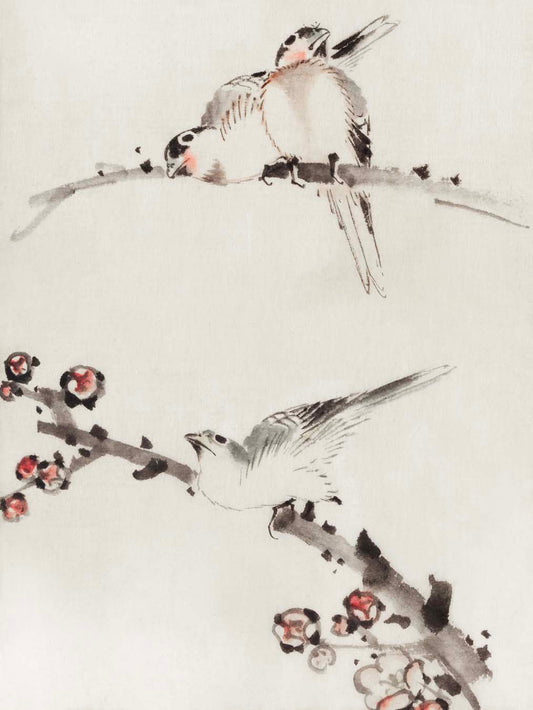 Three Birds Perched on Branches - Katsushika Hokusai